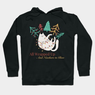 Funny Christmas Cat Wrapped in Lights, Surrounded by Trees Hoodie